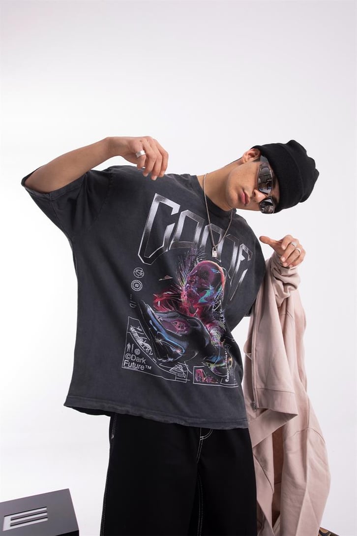Come Dark Future Acid Wash Oversize Tişört