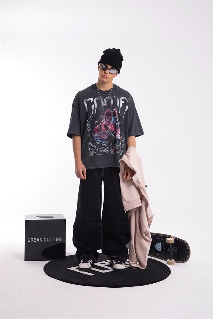 Come Dark Future Acid Wash Oversize Tişört