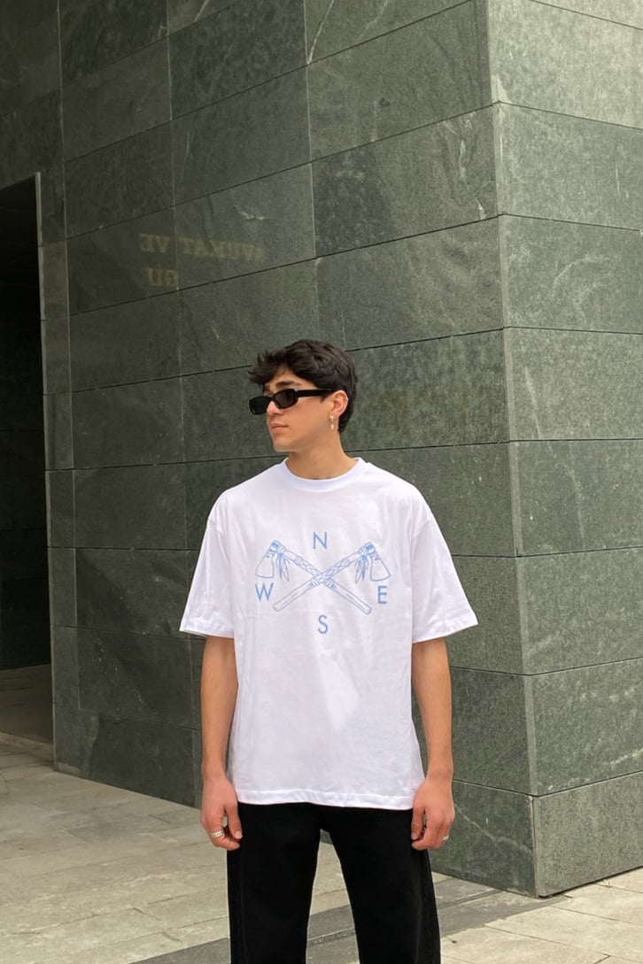 Compass Oversize Printed Beyaz Tshirt