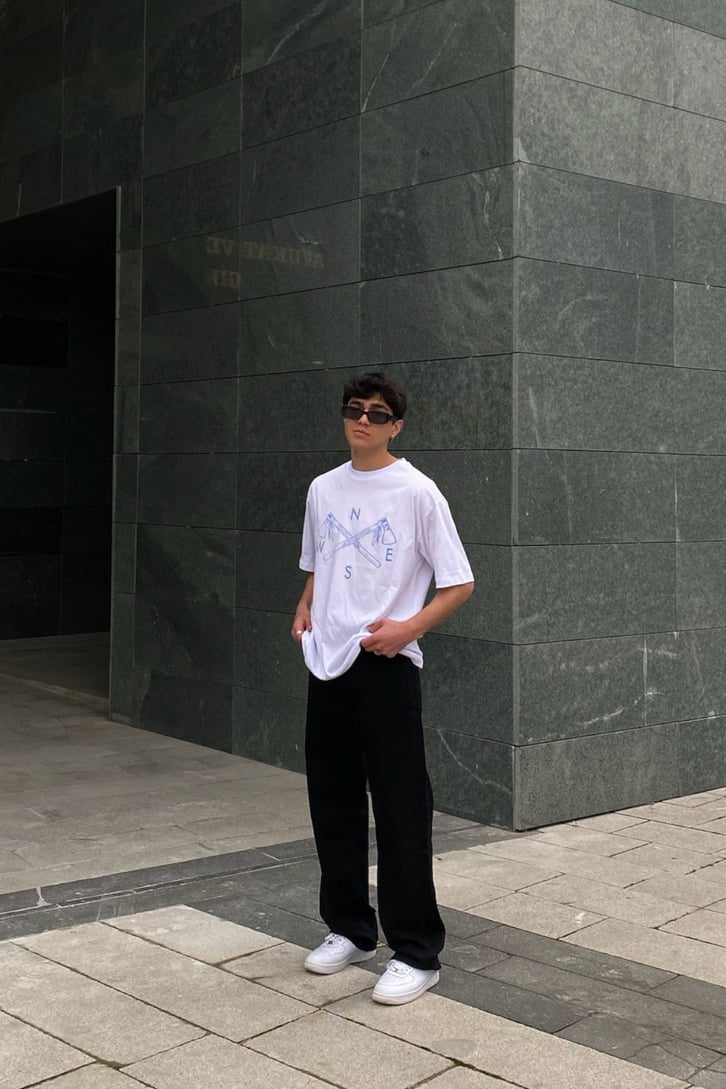 Compass Oversize Printed Beyaz Tshirt