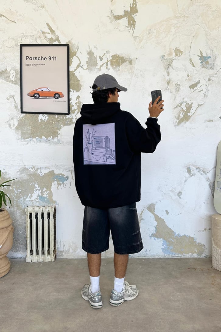 Computer Baskılı Oversize Hoodie