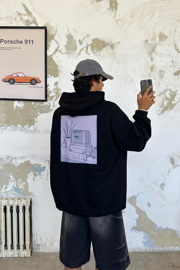 Computer Baskılı Oversize Hoodie