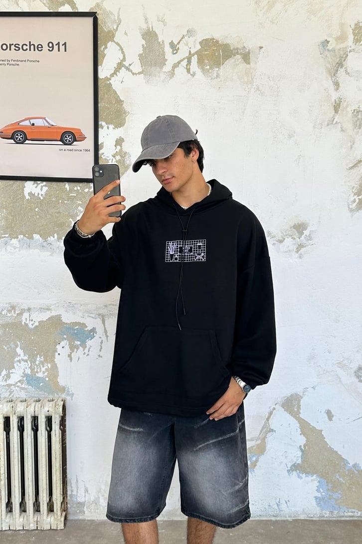Computer Baskılı Oversize Hoodie