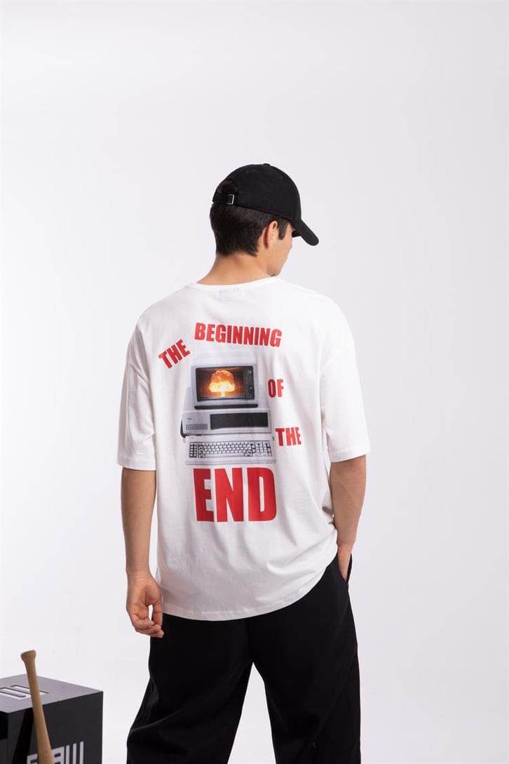 Computer End Baskılı Ekru Oversize Tişört