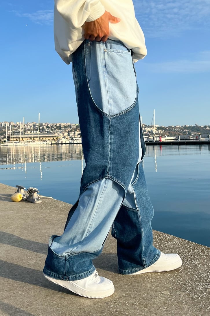 Contrast Cut Mavi Baggy Jean