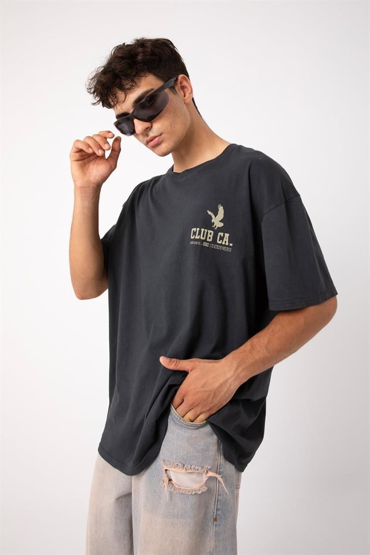 Country Club Baskılı Füme Oversize Tişört