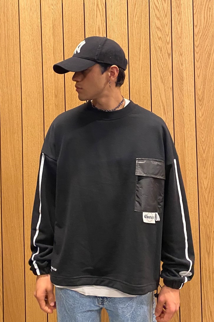 Couture Lastikli Oversize Siyah Sweatshirt