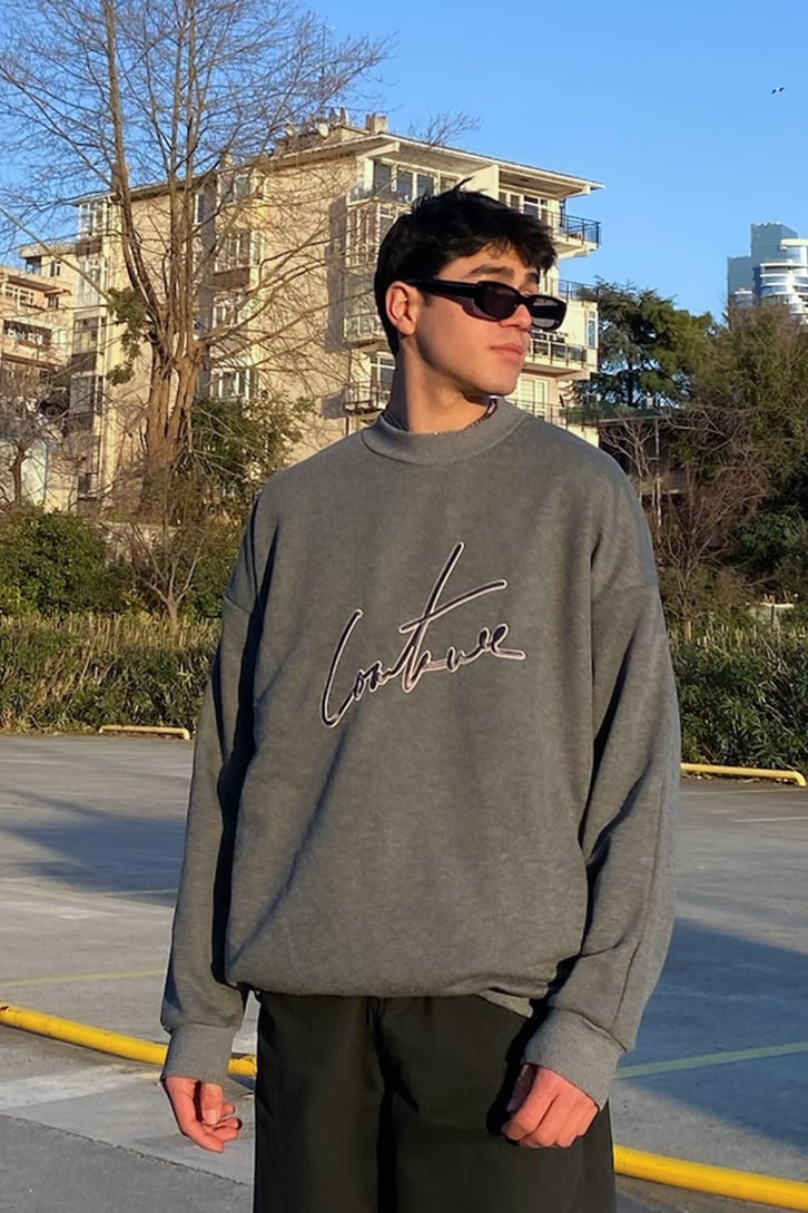 Couture Nakış Detay Premium Oversize Antrasit Sweatshirt