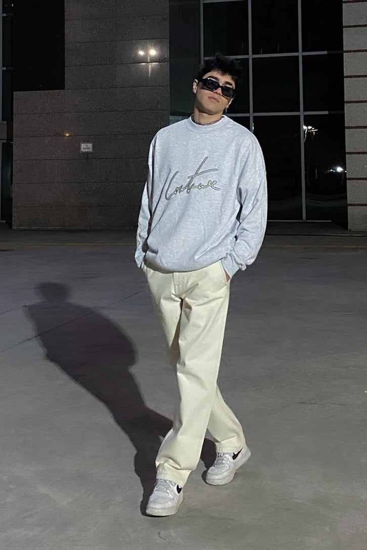 Couture Nakış Detay Premium Oversize Gri Melanj Sweatshirt