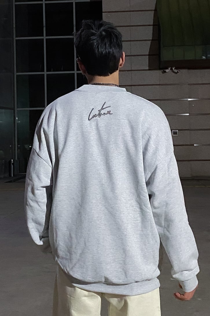 Couture Nakış Detay Premium Oversize Gri Melanj Sweatshirt