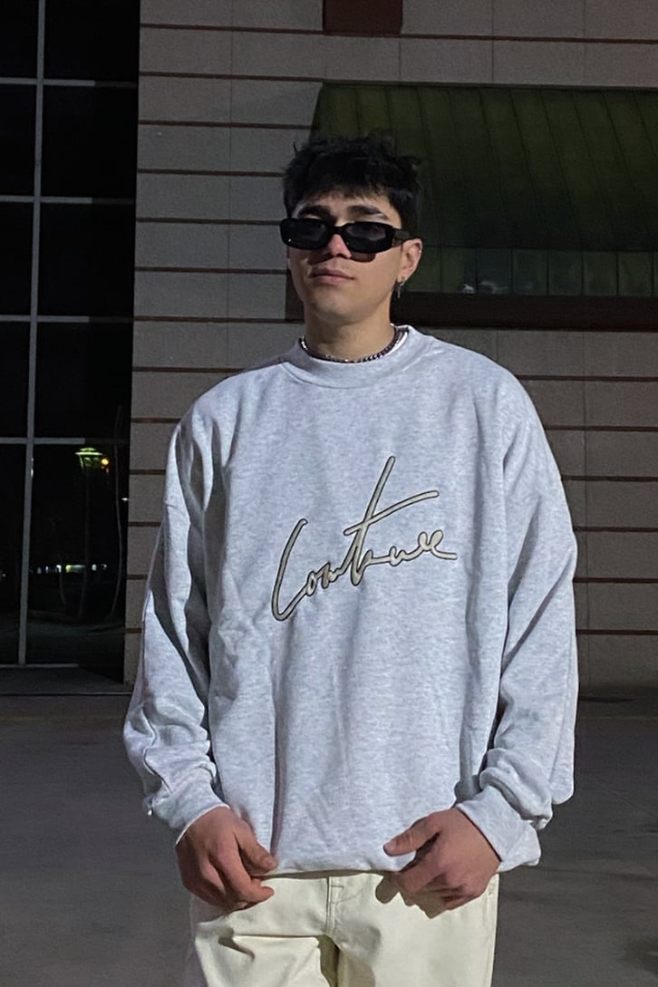 Couture Nakış Detay Premium Oversize Gri Melanj Sweatshirt