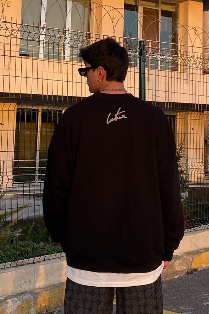 Couture Nakış Detay Premium Oversize Siyah Sweatshirt