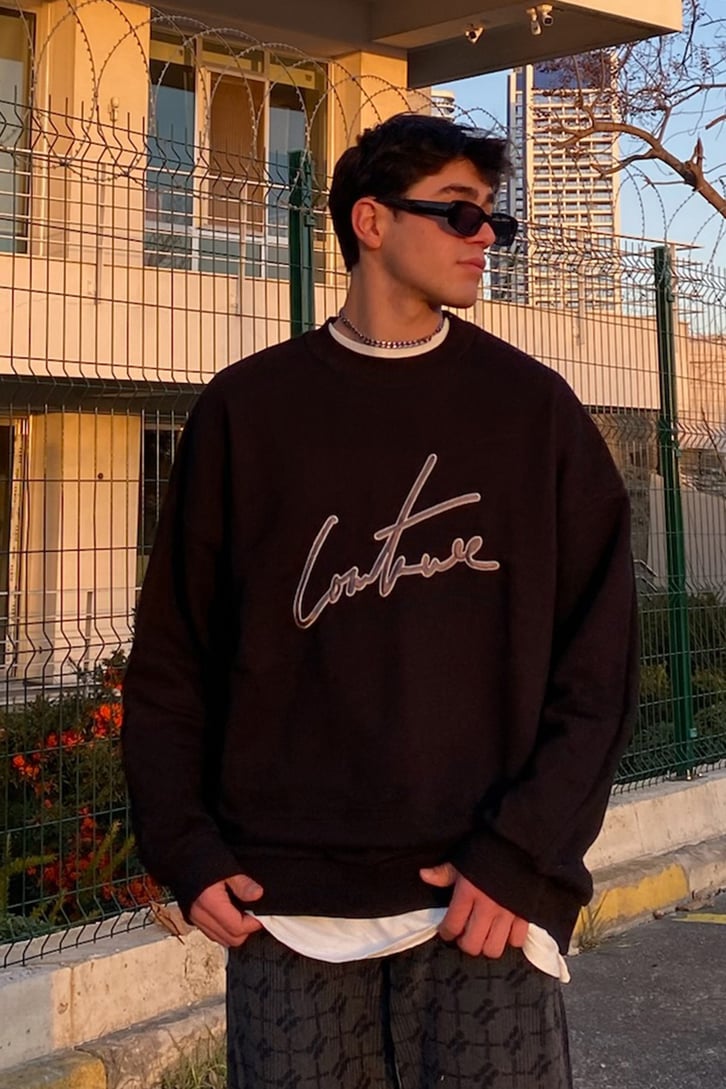Couture Nakış Detay Premium Oversize Siyah Sweatshirt