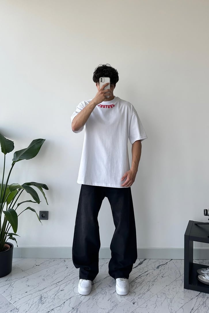 Couture Nakışlı Beyaz Oversize Tişört