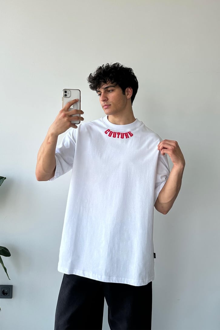 Couture Nakışlı Beyaz Oversize Tişört