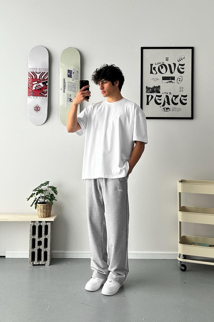 Cozy Boy Ayarlanabilir Paça Nakışlı Gri Melanj Eşofman Altı