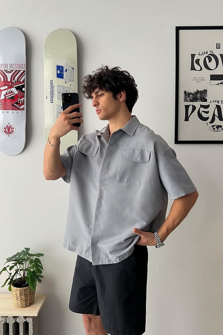 Cozy Boy Kısa Kol Buz Gri Oversize Gömlek