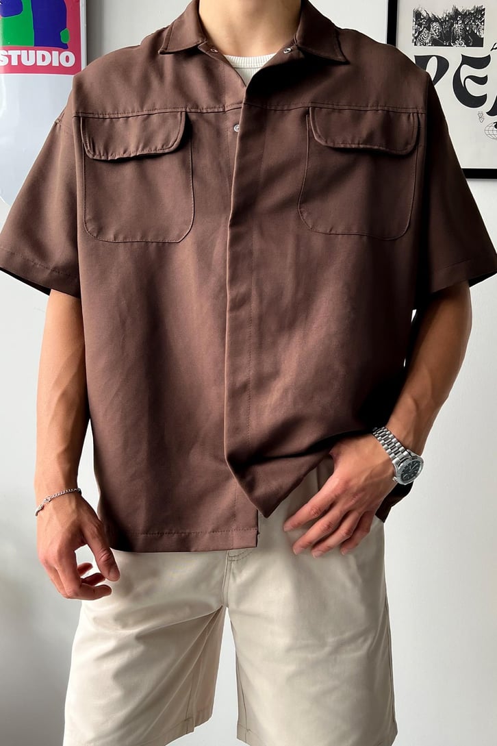 Cozy Boy Kısa Kol Kahverengi Oversize Gömlek