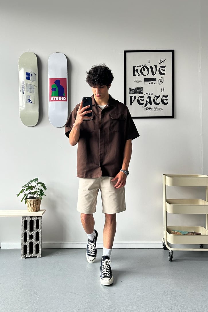 Cozy Boy Kısa Kol Kahverengi Oversize Gömlek