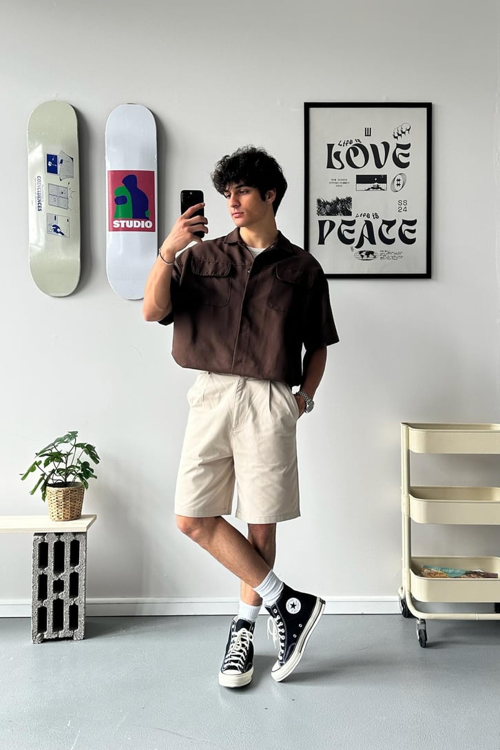 Cozy Boy Kısa Kol Kahverengi Oversize Gömlek