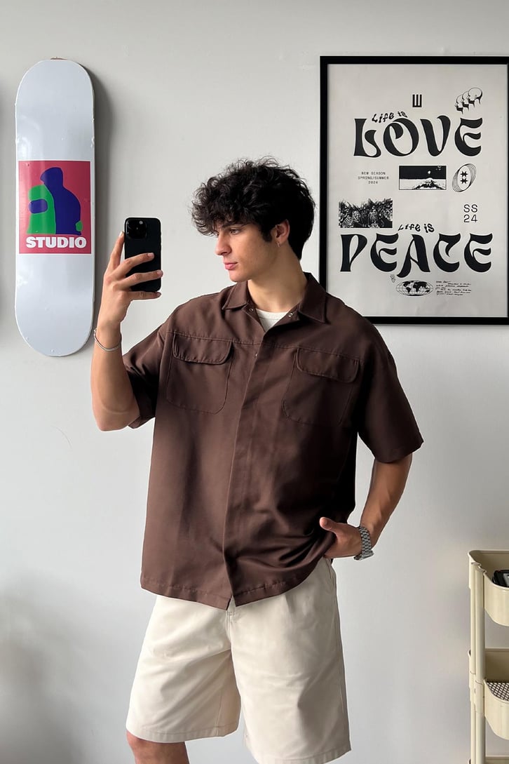 Cozy Boy Kısa Kol Kahverengi Oversize Gömlek