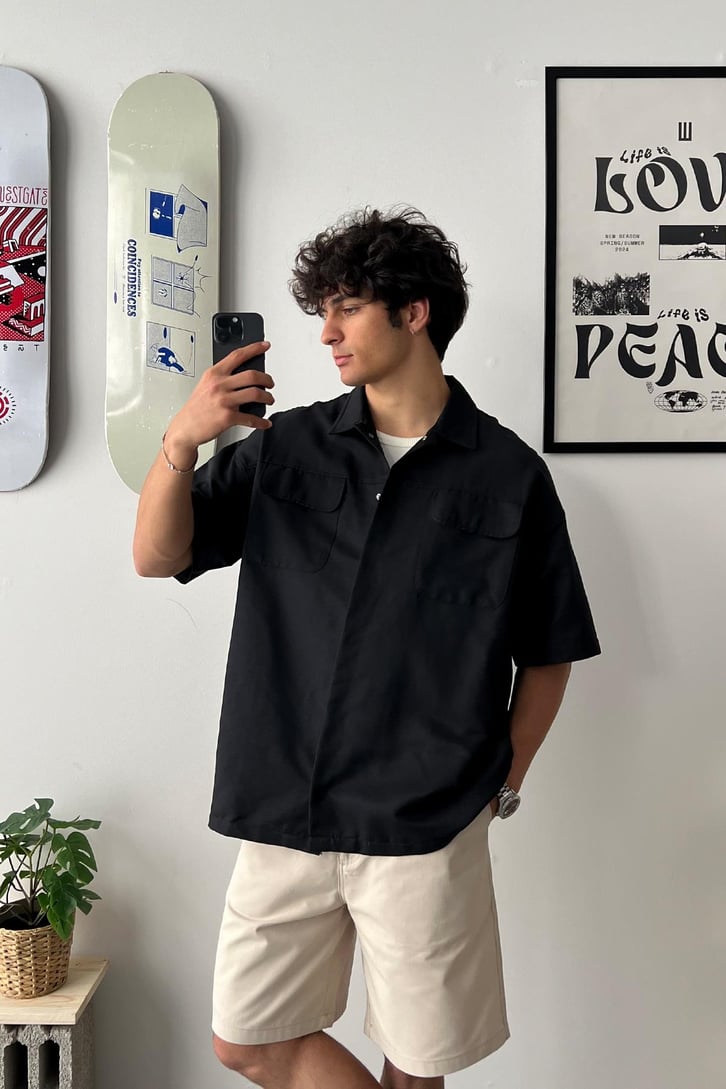 Cozy Boy Kısa Kol Siyah Oversize Gömlek