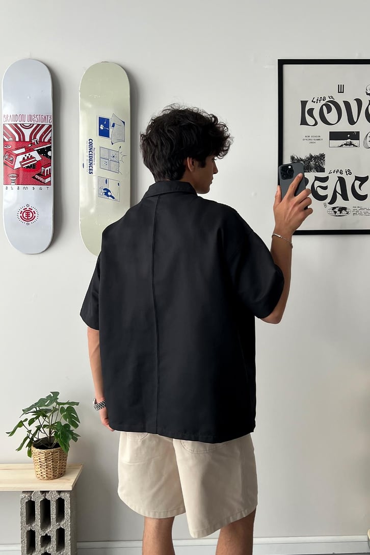 Cozy Boy Kısa Kol Siyah Oversize Gömlek