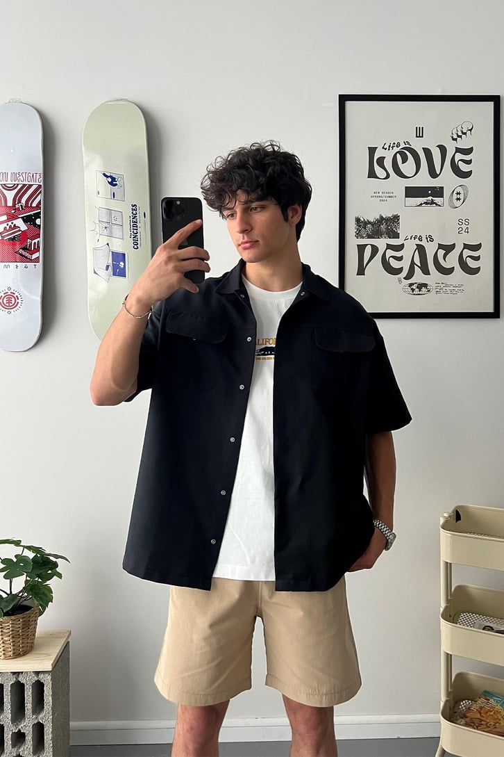 Cozy Boy Kısa Kol Siyah Oversize Gömlek