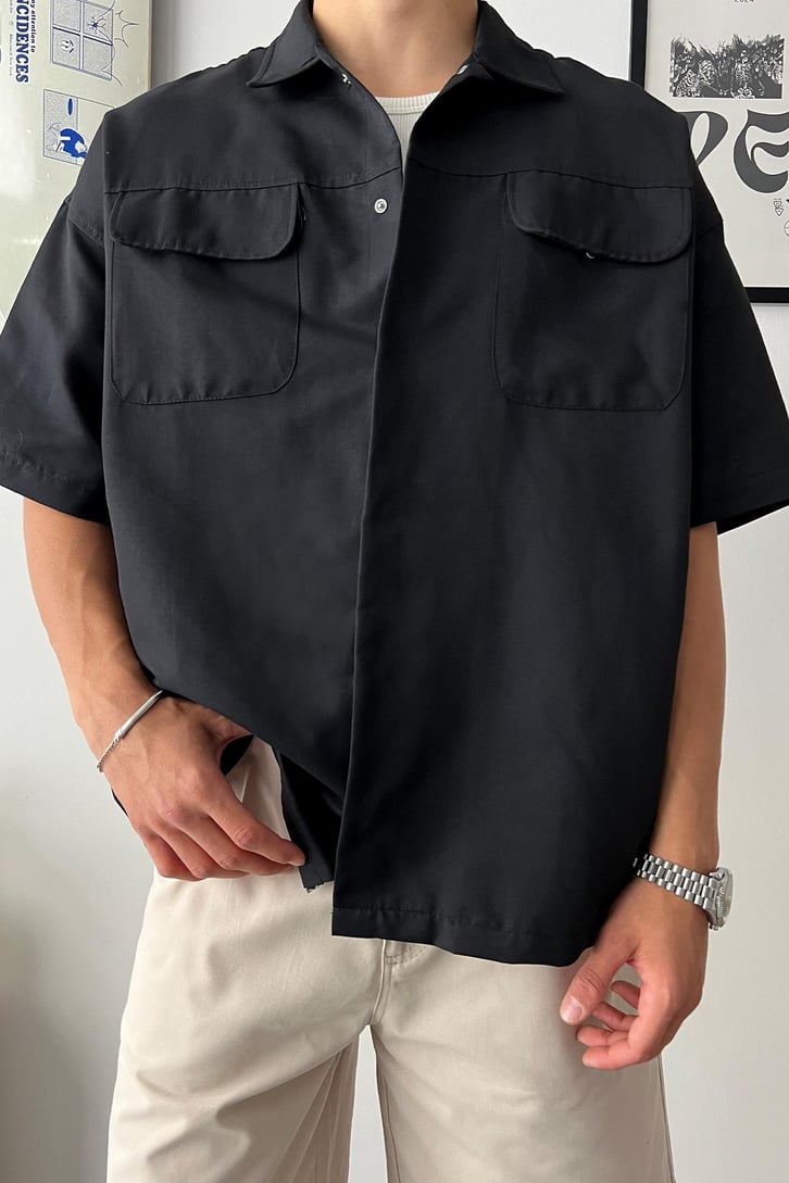 Cozy Boy Kısa Kol Siyah Oversize Gömlek