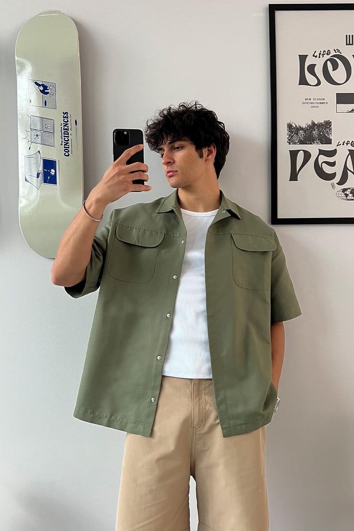 Cozy Boy Kısa Kol Yeşil Oversize Gömlek