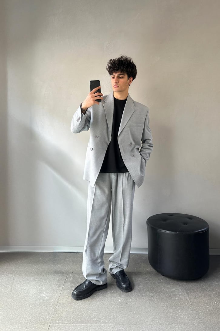 Cozy Oversize Kruvaze Bej Takım Elbise