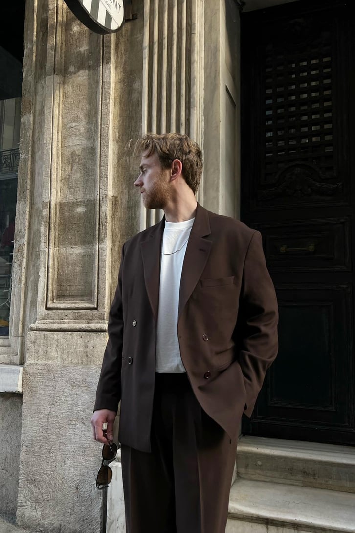 Cozy Oversize Kruvaze Bej Takım Elbise