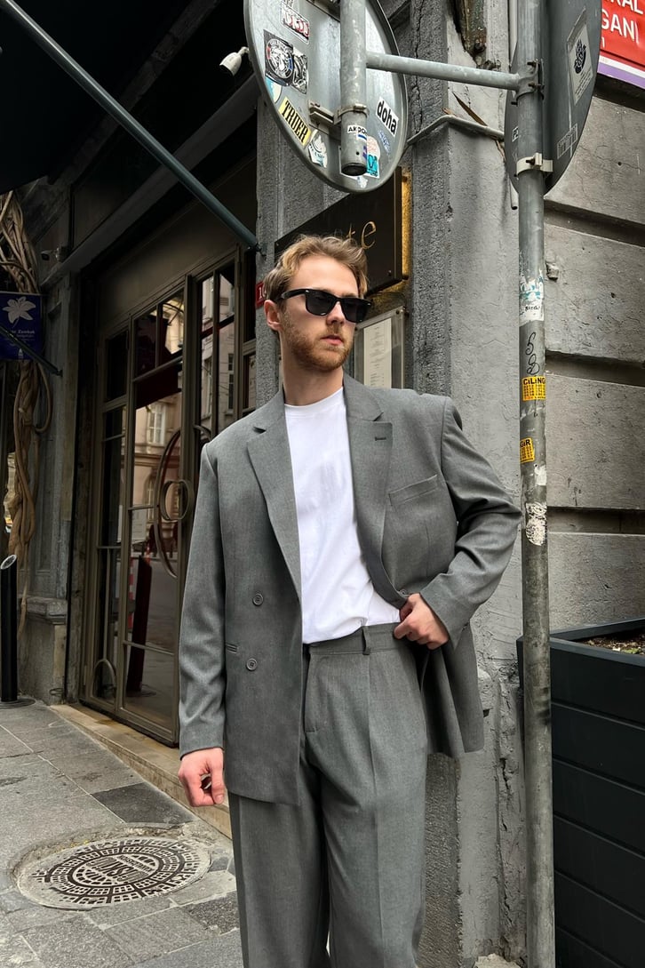 Cozy Oversize Kruvaze Gri Takım Elbise
