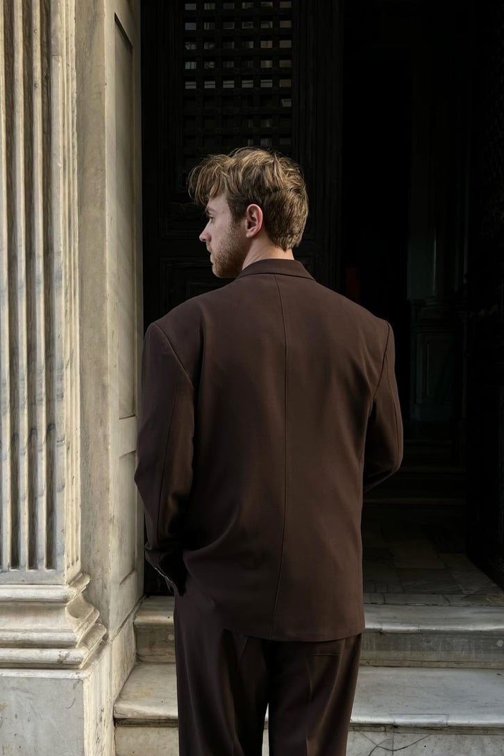 Cozy Oversize Kruvaze Kahverengi Takım Elbise