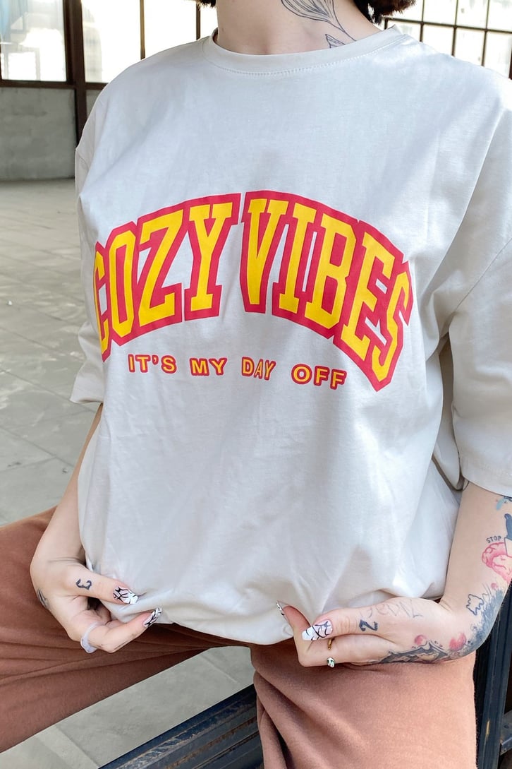 Cozy Vıres Baskılı  Ekru Tshirt