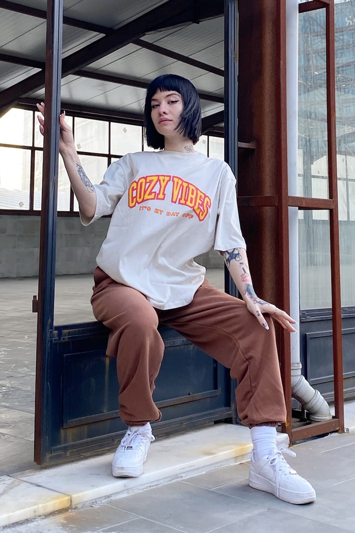 Cozy Vıres Baskılı  Ekru Tshirt