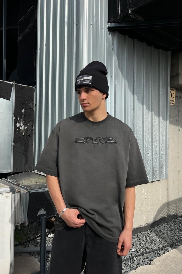 CRCA Nakışlı Washed Antrasit Oversize Tişört
