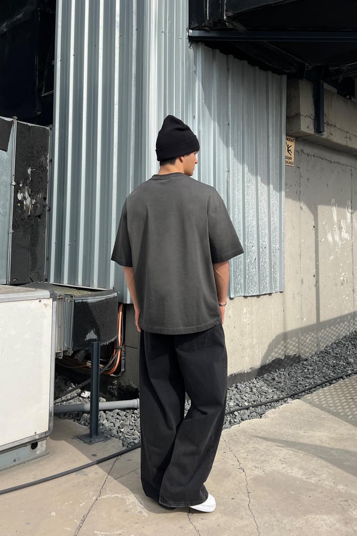 CRCA Nakışlı Washed Antrasit Oversize Tişört