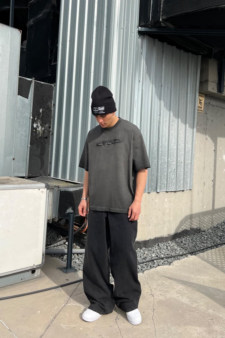 CRCA Nakışlı Washed Antrasit Oversize Tişört