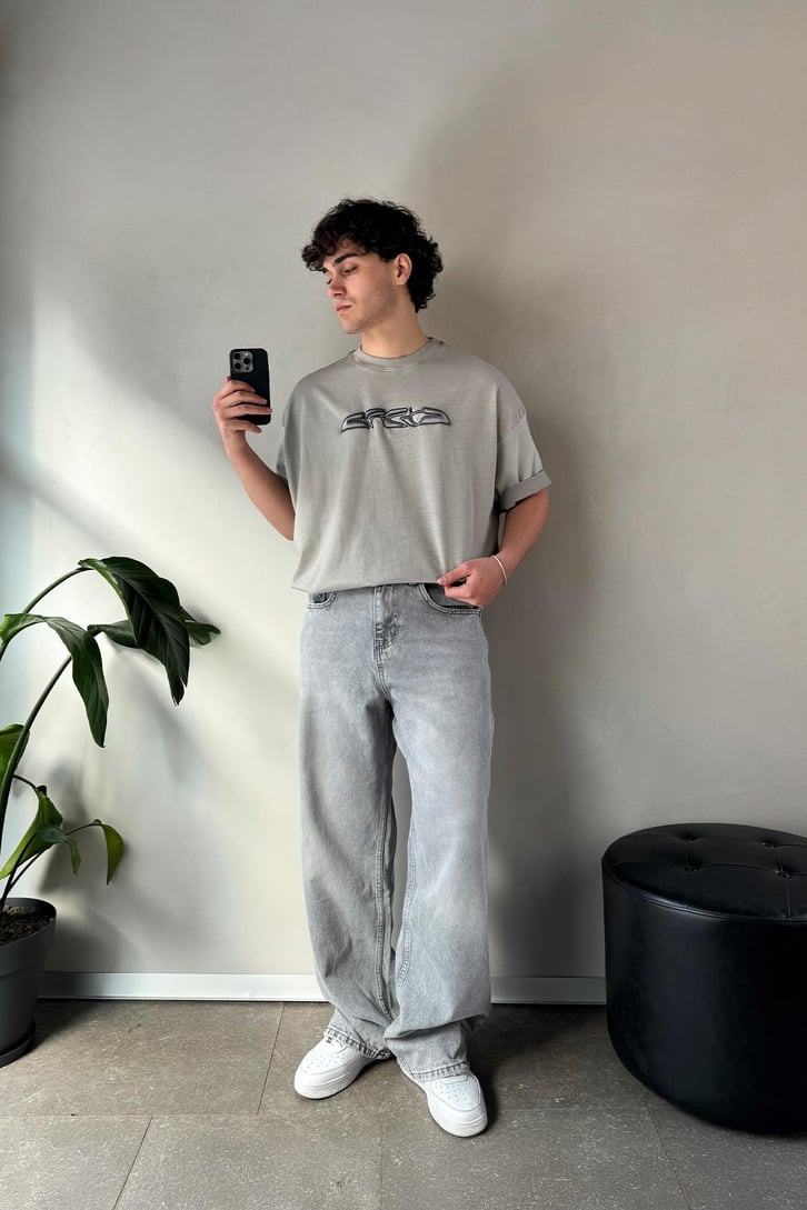 CRCA Nakışlı Washed Antrasit Oversize Tişört