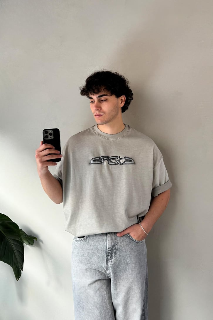 CRCA Nakışlı Washed Antrasit Oversize Tişört