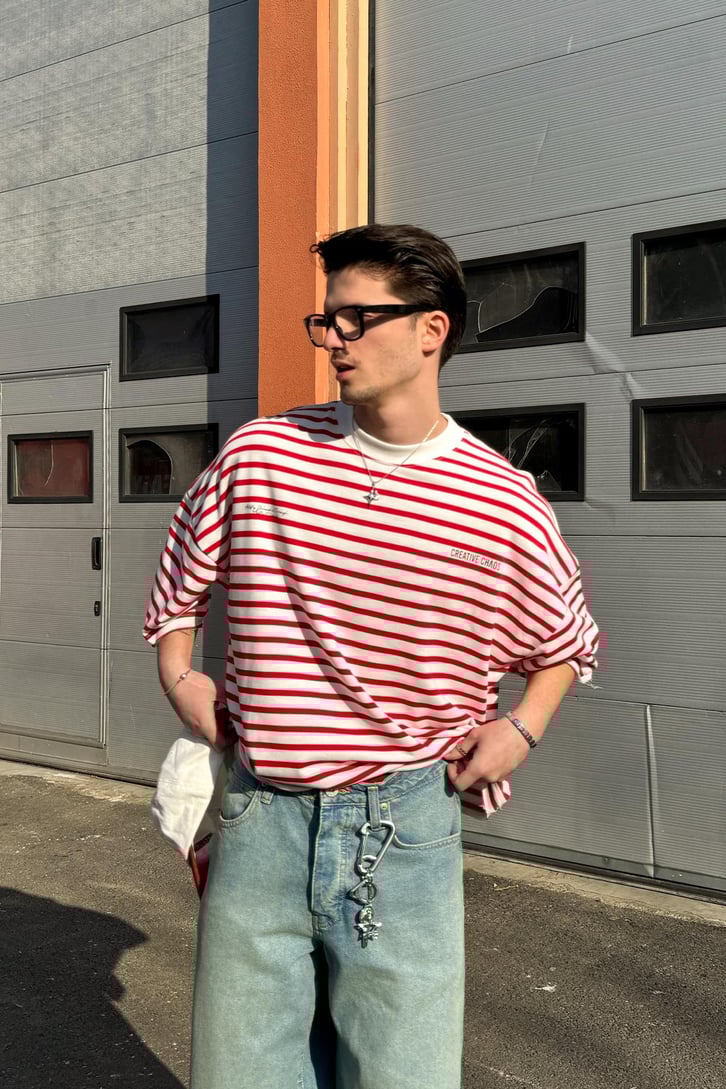 Creative Chaos Baskılı Çizgili  Oversize Tişört