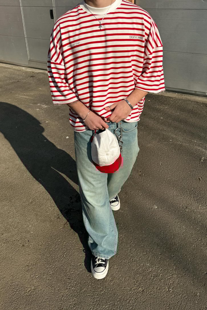 Creative Chaos Baskılı Çizgili  Oversize Tişört