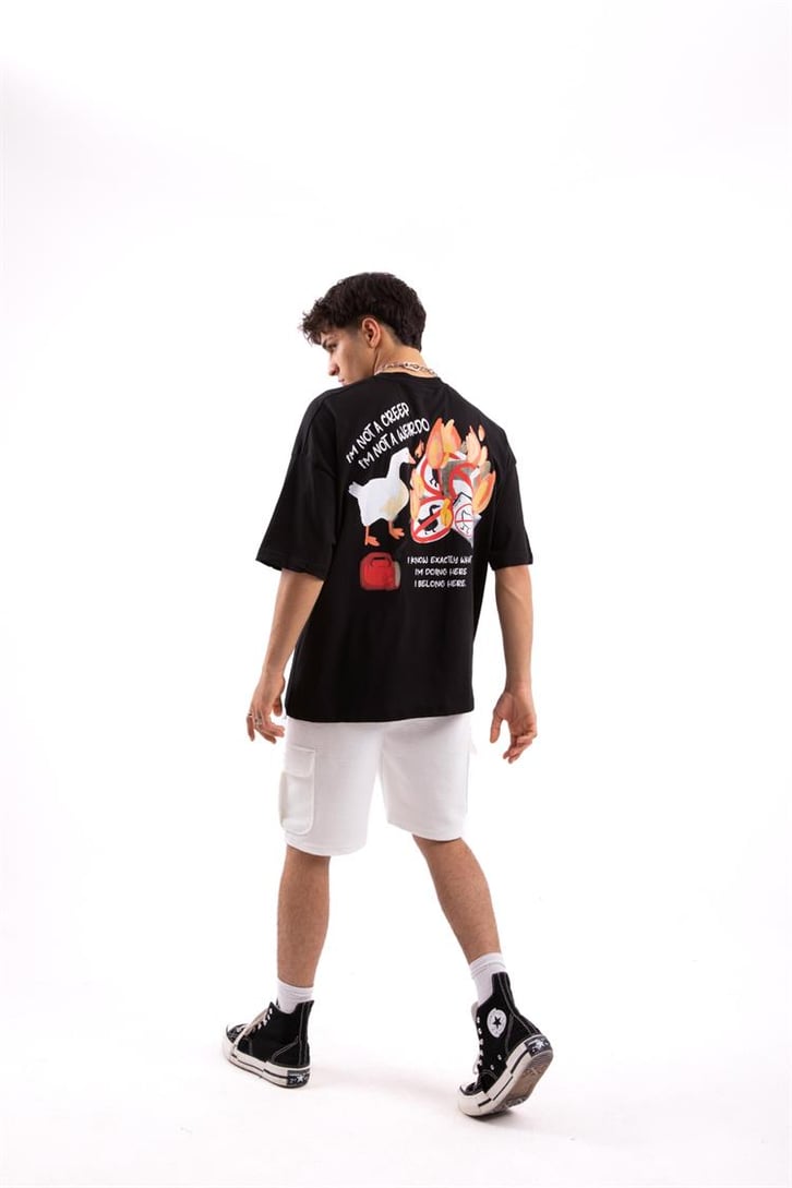 Creep Duck Sırt Baskılı Siyah Oversize Tshirt
