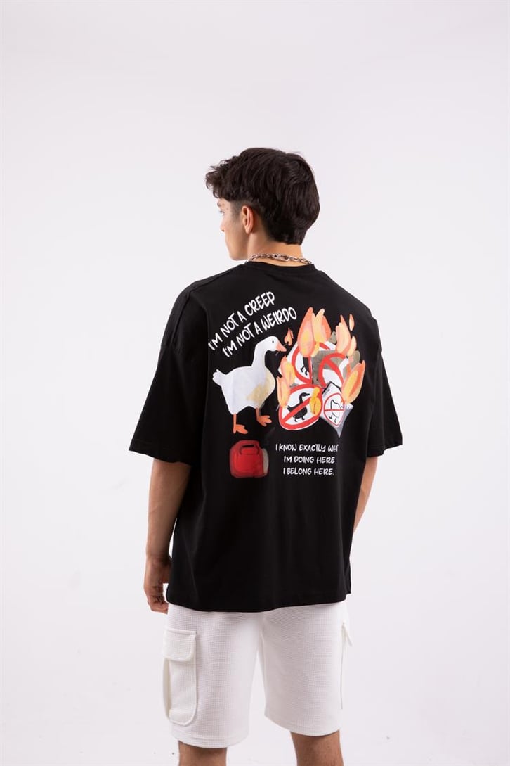 Creep Duck Sırt Baskılı Siyah Oversize Tshirt