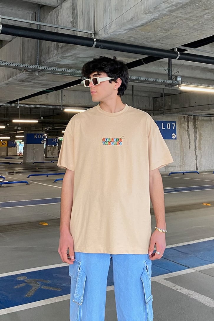 Crooked Tongues Baskılı Açık Sarı Oversize Tshirt