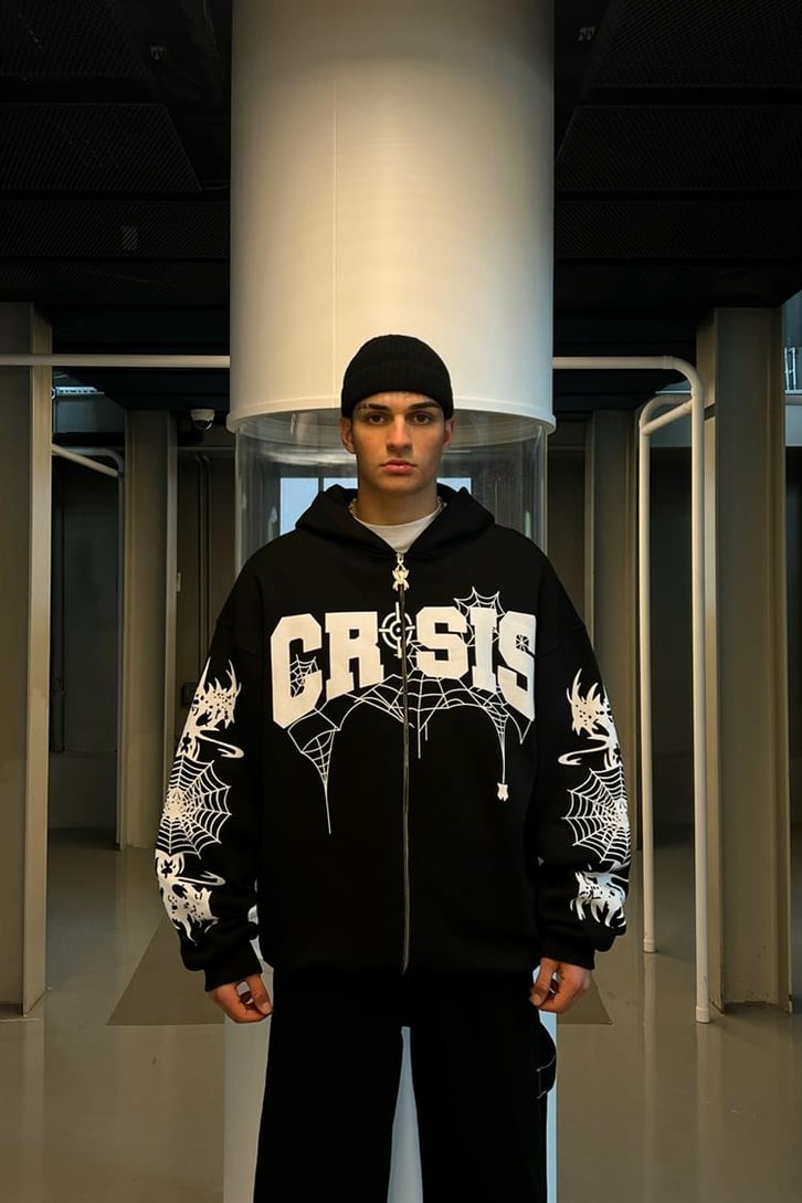 Crsis Spider Web Baskılı Zipper Siyah Oversize Hoodie