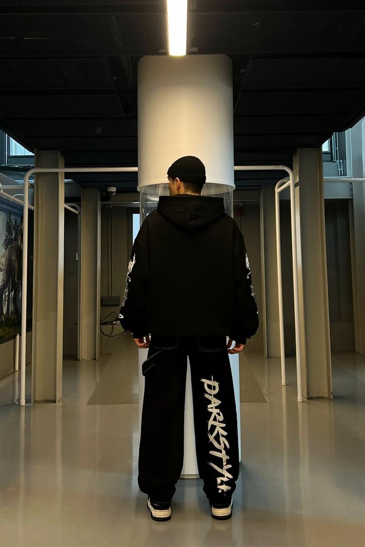 Crsis Spider Web Baskılı Zipper Siyah Oversize Hoodie
