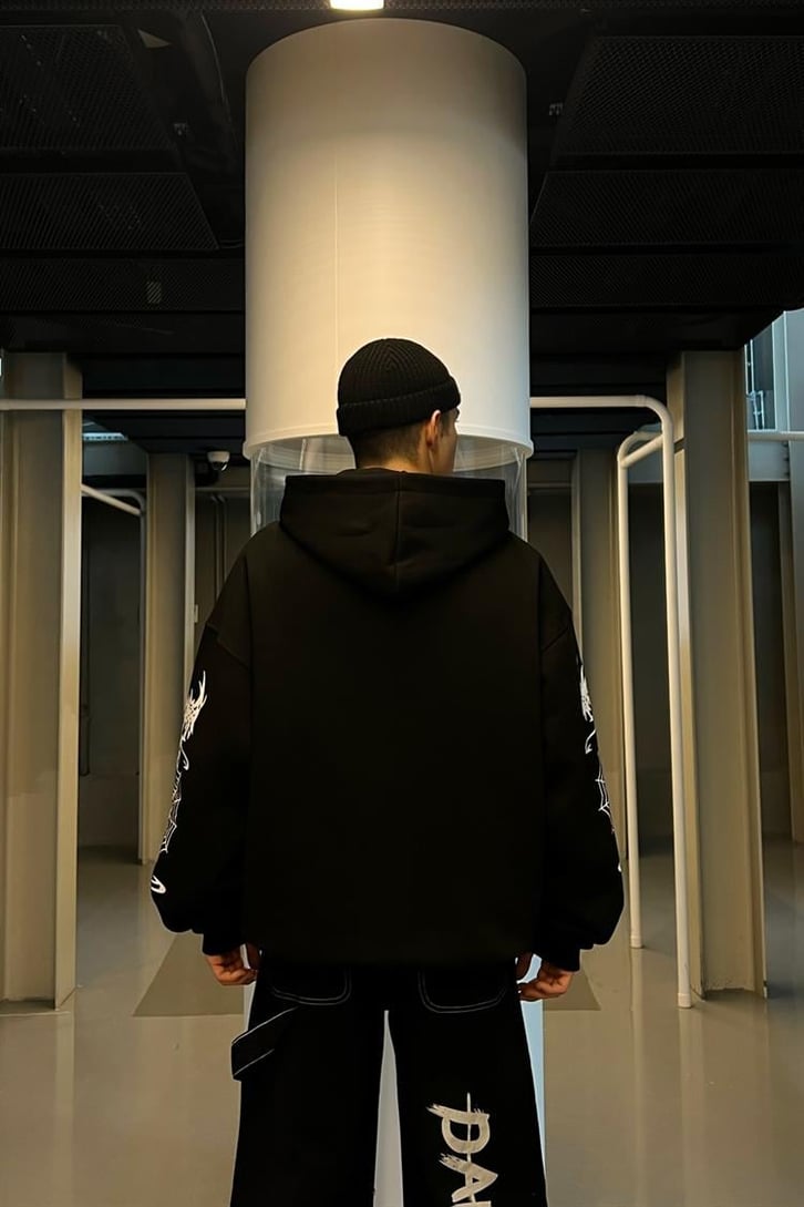 Crsis Spider Web Baskılı Zipper Siyah Oversize Hoodie