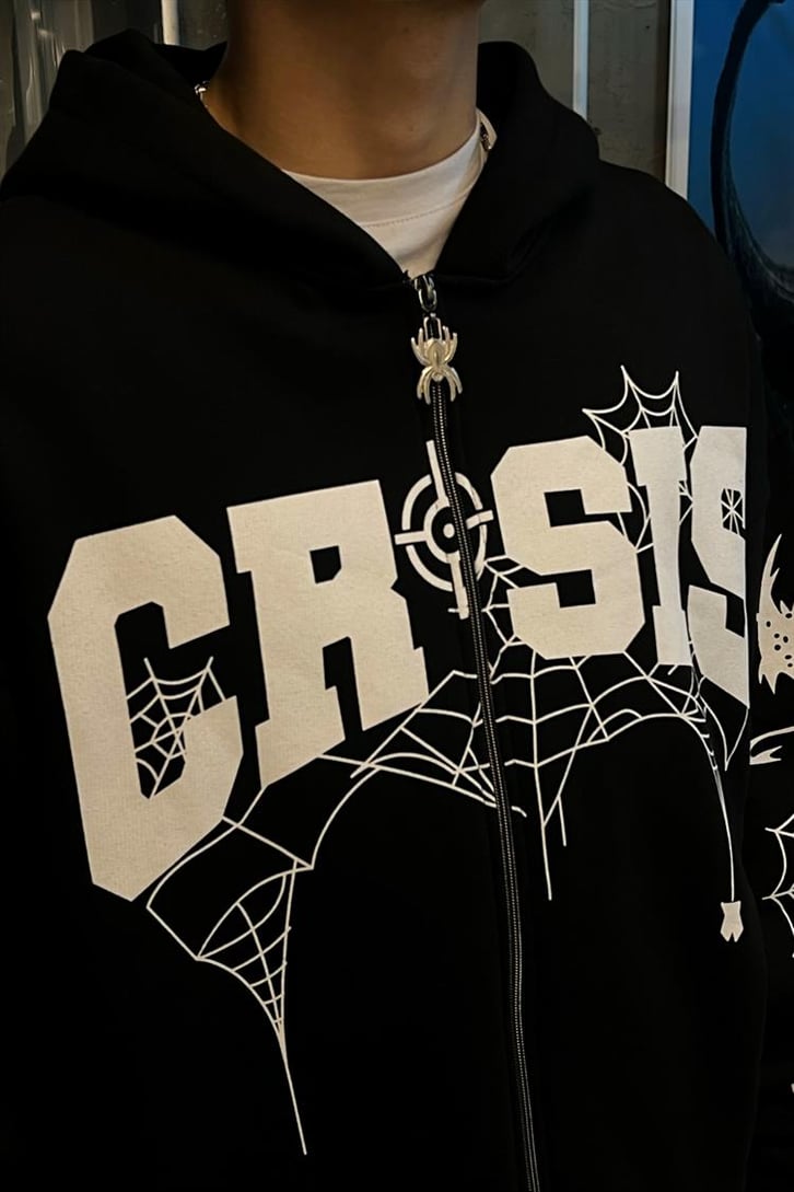 Crsis Spider Web Baskılı Zipper Siyah Oversize Hoodie